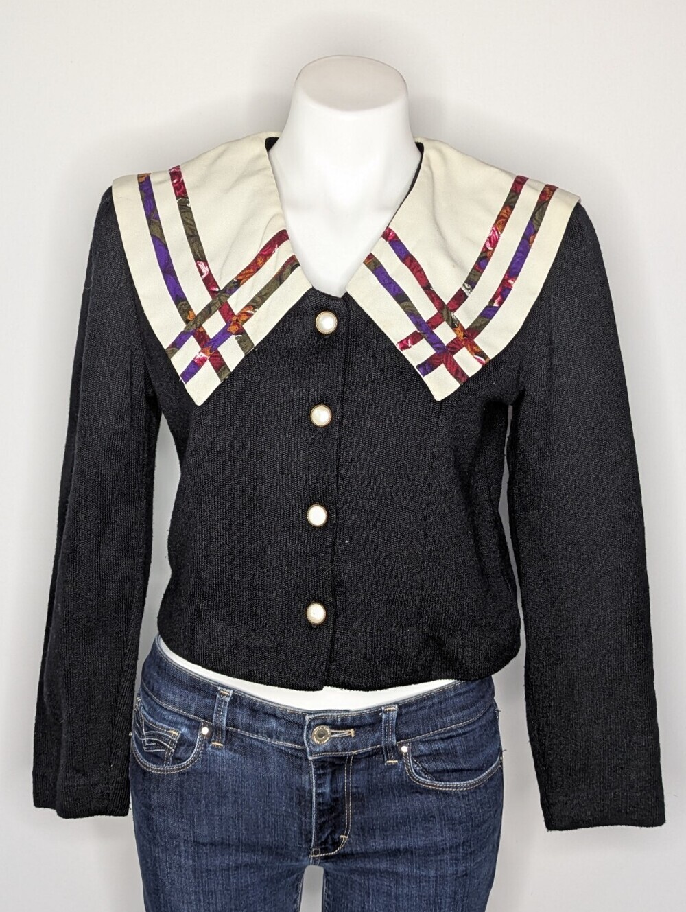 Vintage Raoul Black Statement Collar V Neck Button Up Cardigan Sweater 8